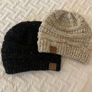 2 knit beanies- black & cream color